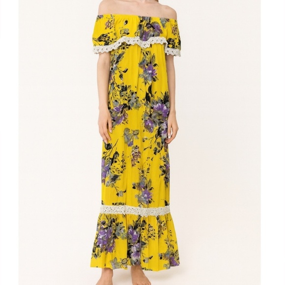 Umgee Sunny Yellow Floral On Off Shoulder Maxi Dress  Bottom Tier Ruffle Side MD - Picture 1 of 11